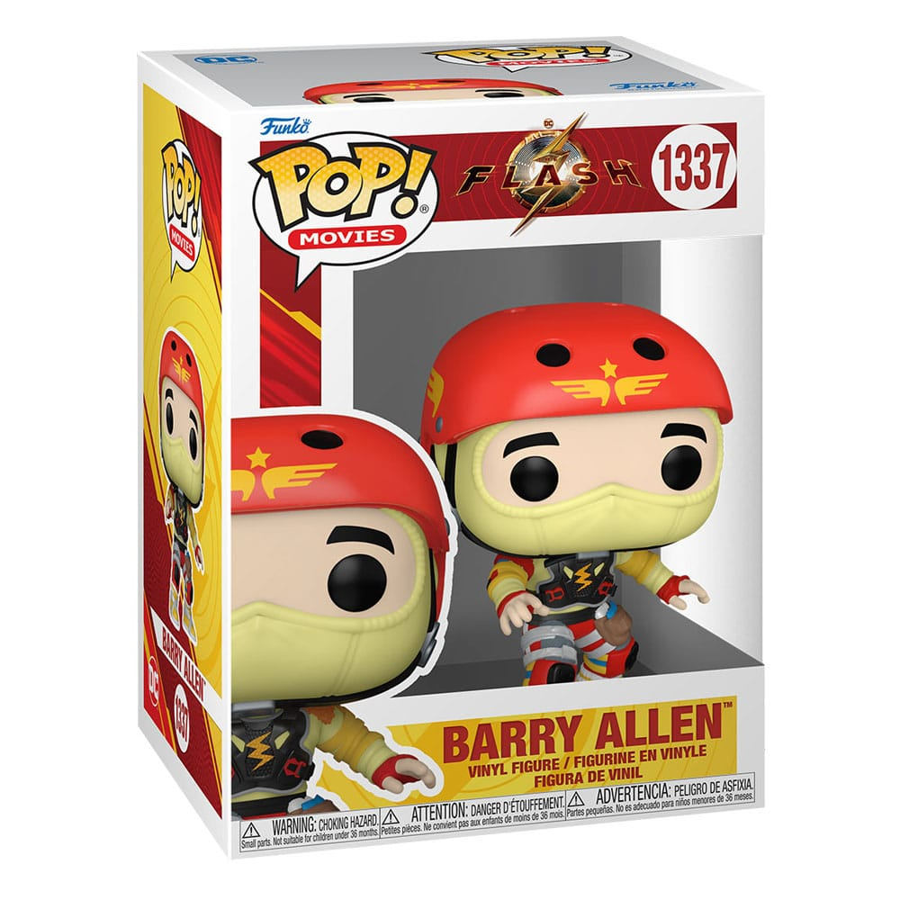Action figure in vinile Funko Pop! di Barry Allen con elmo rosso e tuta gialla e nera nella scatola.
