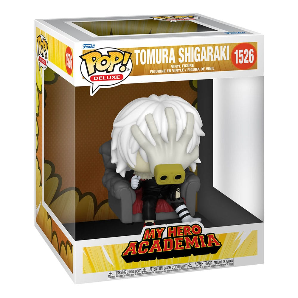 Figura de vinilo Tomura Shigaraki Funko Pop Deluxe en caja, sentado en una silla con una mano en la cara.