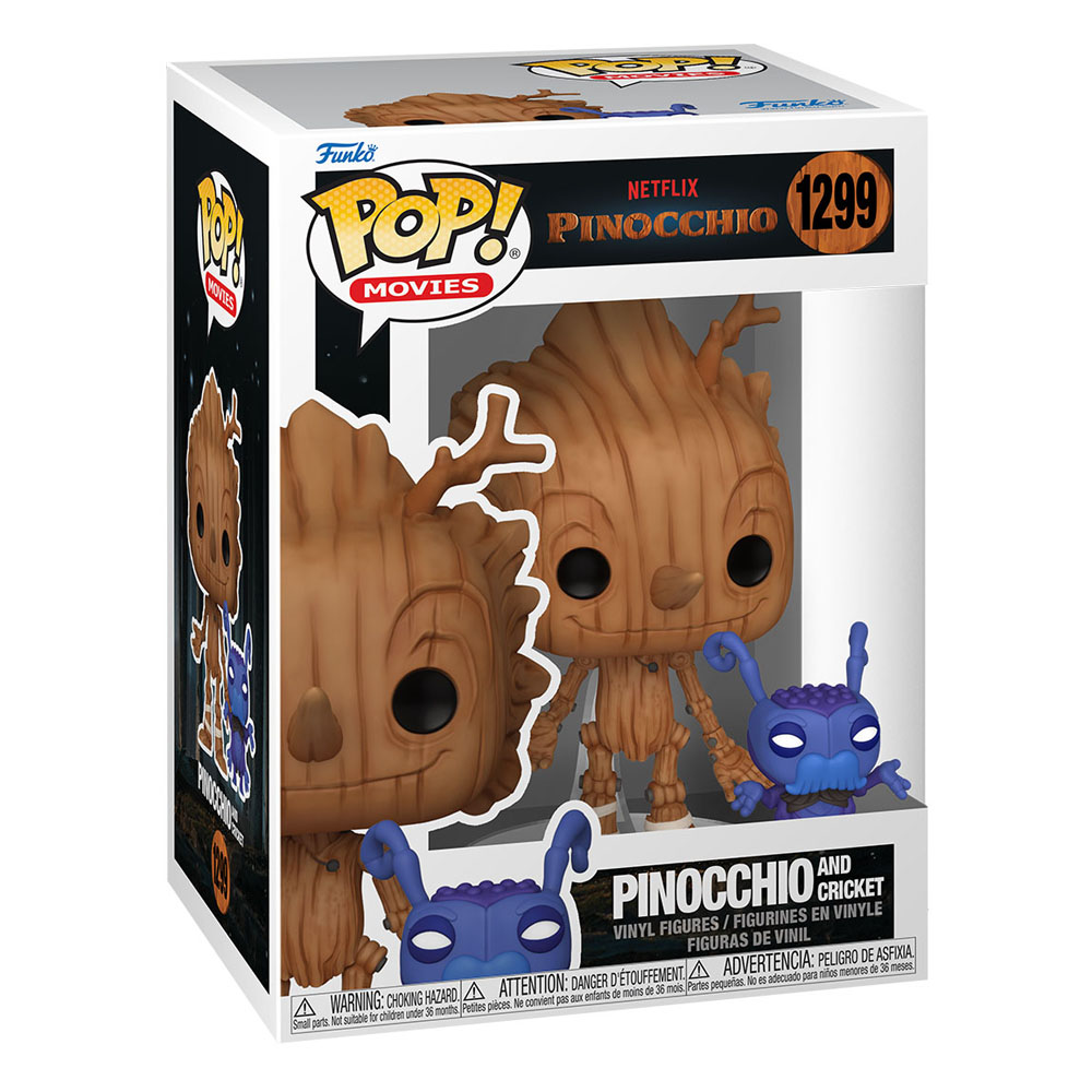 Funko-Pop-Box mit hölzernen Pinocchio- und blauen Grillen-Vinylfiguren.