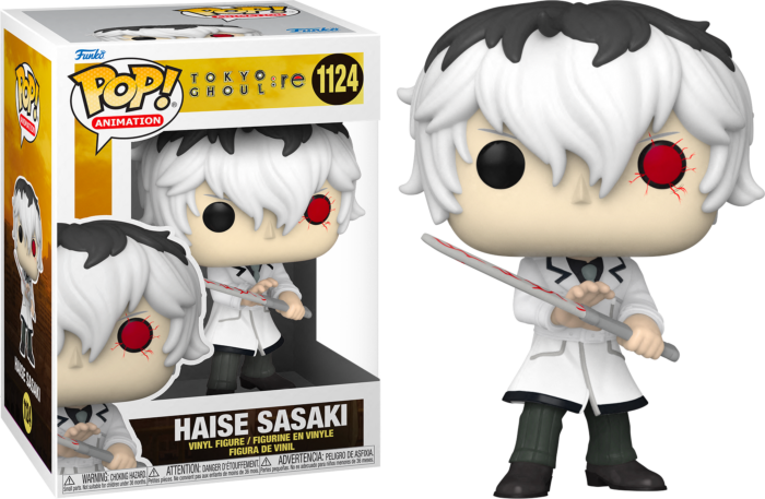 Funko Pop Figur von Haise Sasaki in weißem Kittel mit Waffe, neben der Produktverpackung.