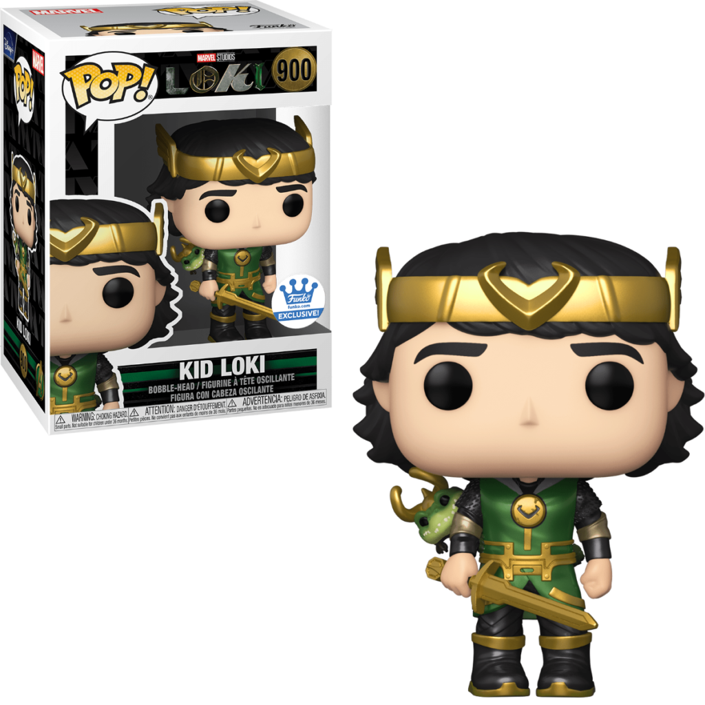 Kid Loki Funko Pop Figur in grün-goldener Kleidung mit gehörntem Helm, neben ihrer Verpackung.