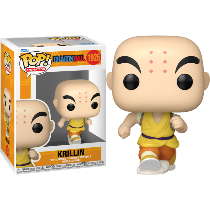 Krillin Funko Pop Vinyl-Figur aus Dragon Ball, in der Box und stehend.