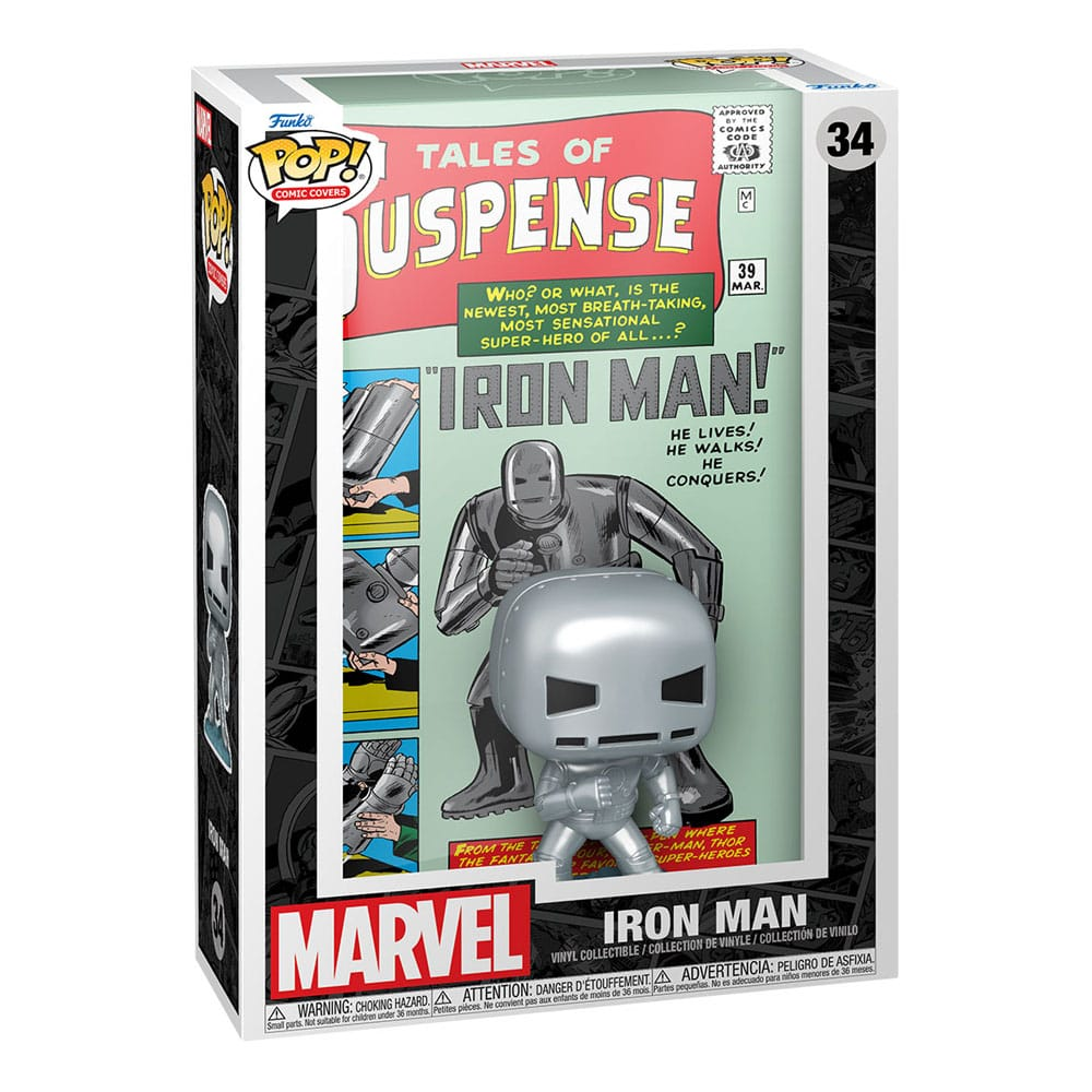 Funko Pop Comic Covers Iron Man Figur in einer Box mit Tales of Suspense Comic-Art.