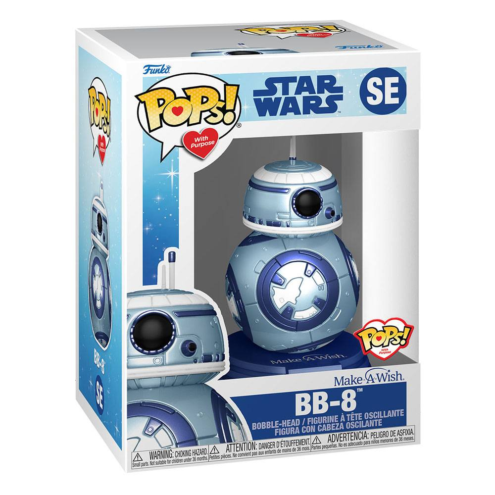 Funko Pop bobble-head di BB-8 di Star Wars in una scatola blu e bianca Make-A-Wish.