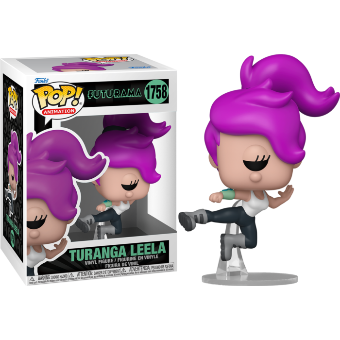 Figura Funko Pop de Turanga Leela con cabello morado y camiseta blanca, junto a su caja.