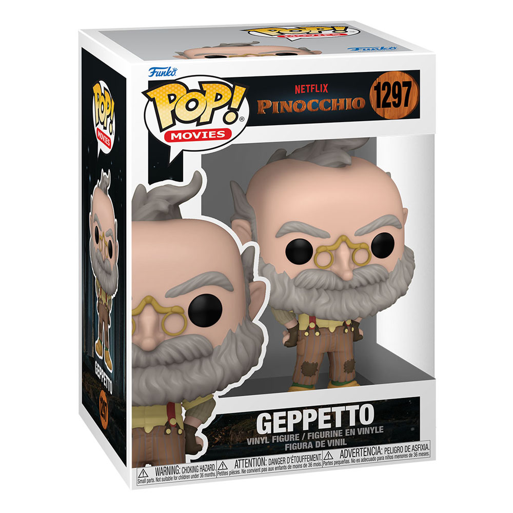 Figura de vinilo Geppetto Pop! en caja de coleccionista colorida de Netflix Pinocchio.