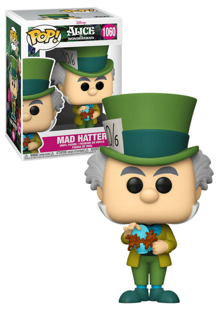 Figura de vinilo Funko Pop del Sombrerero Loco con una taza manchada, junto a su caja ilustrada.