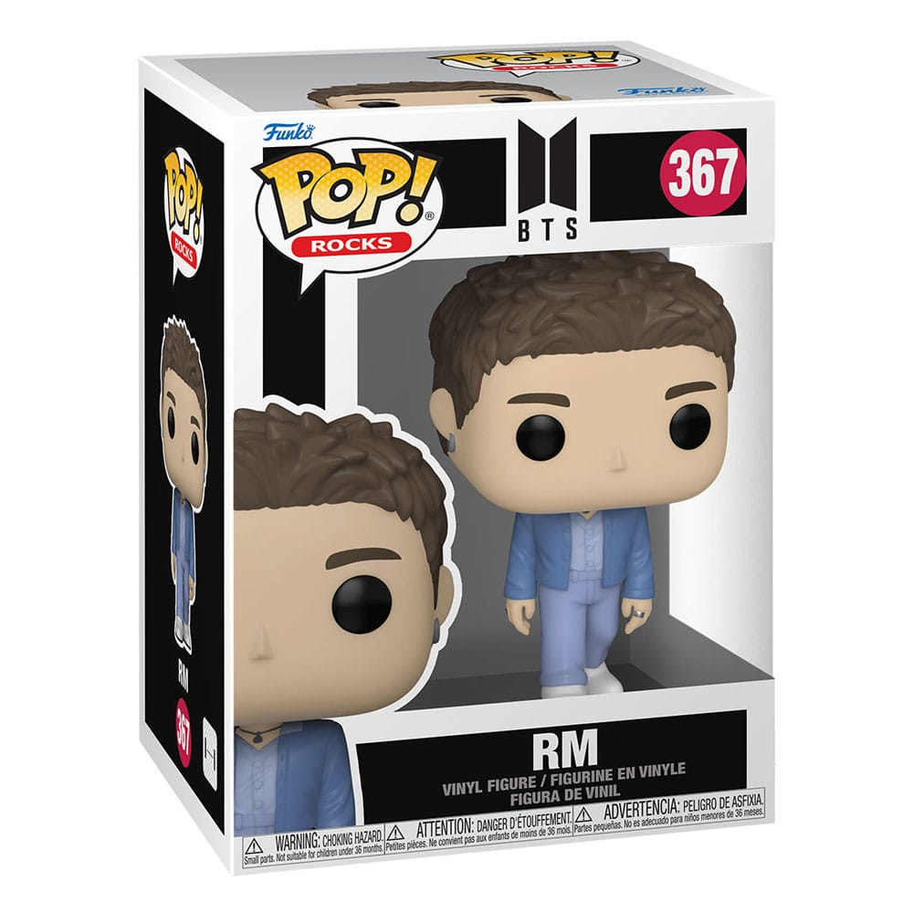 Figurine en vinyle Funko Pop Rocks de RM de BTS dans une tenue bleue, présentée en boîte.