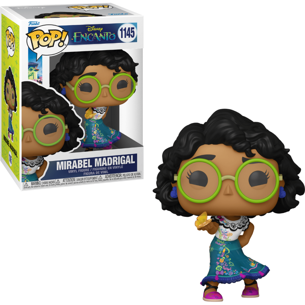 Figura Funko Pop de Mirabel Madrigal con gafas verdes y falda azul, junto a su caja original.