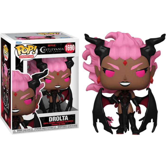 Figura Funko Pop de Drolta con cabello rosa, cuernos y alas, mostrada junto a su caja de producto.