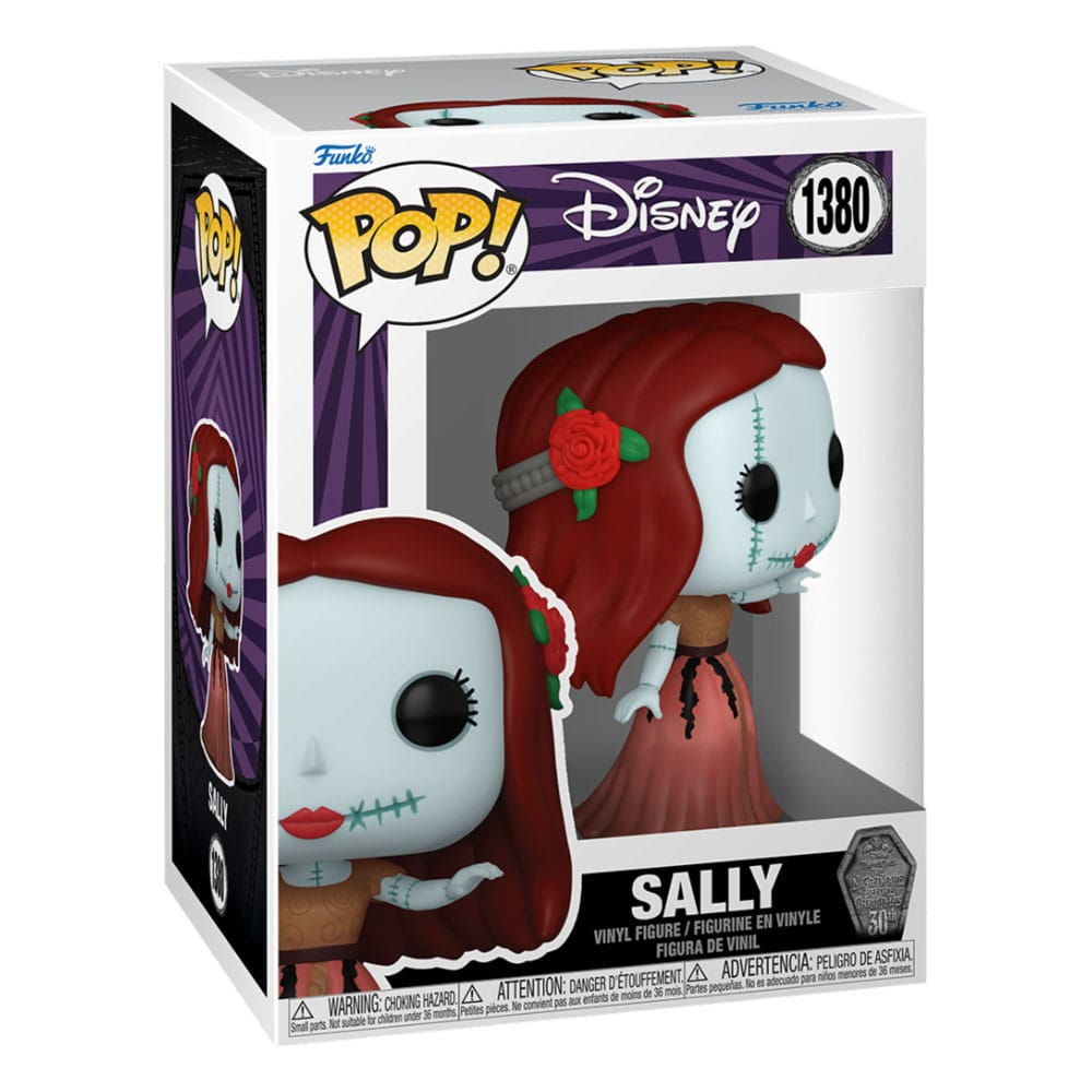 Figura Funko Pop de Sally de Pesadilla antes de Navidad en caja original, con pelo y vestido rojos.