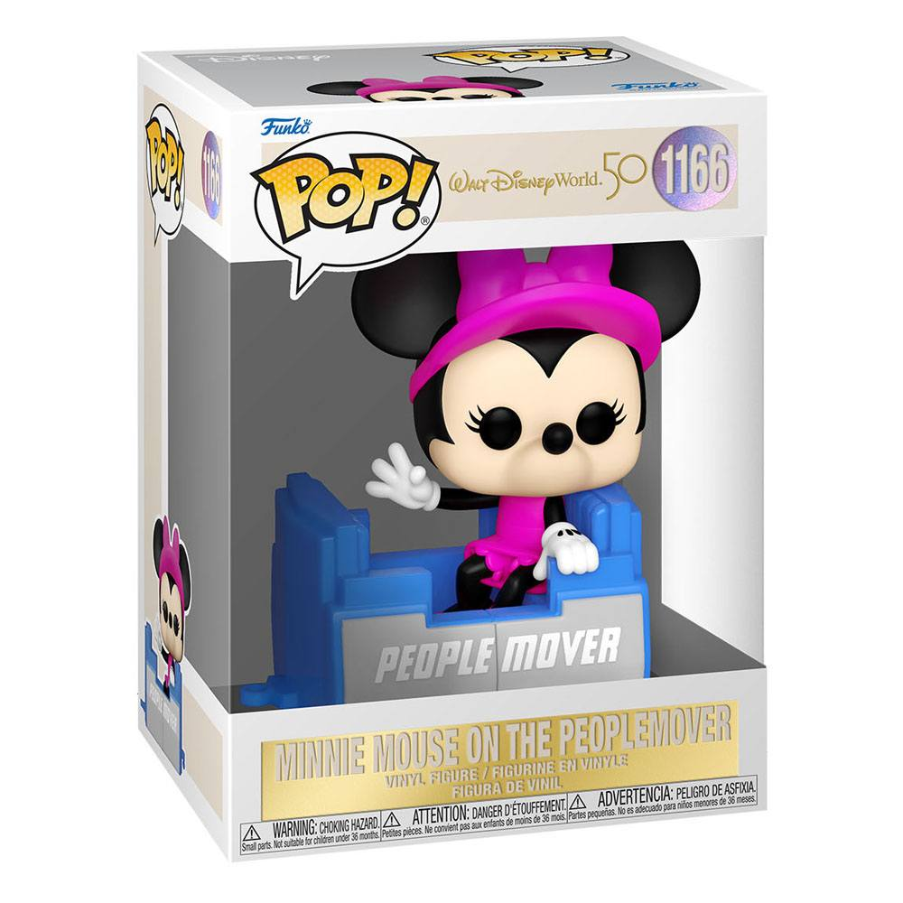 Funko Pop Figur von Minnie Mouse auf einem blauen People Mover in einer Verpackung.