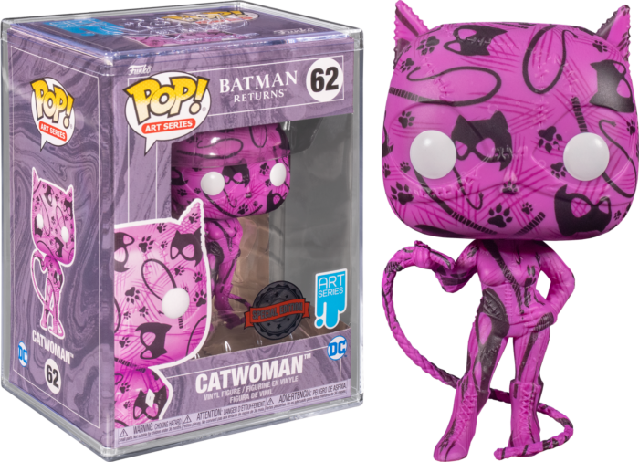 Funko Pop! Art Series Catwoman-Figur in Rosa mit schwarzen Mustern, in und neben ihrer Verpackung.