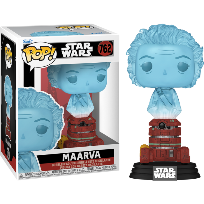Eine Star Wars Maarva Funko Pop Figur und Verpackung, die sie als blaues Hologramm auf B2EMO zeigt.