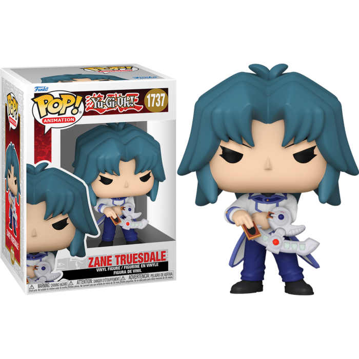 Figurka winylowa Funko Pop Zane Truesdale z Yu-Gi-Oh z dyskiem pojedynku, w pudełku i poza nim.