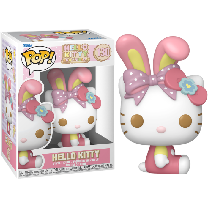 Figura de vinilo Funko Pop de Hello Kitty con orejas de conejo y lazo junto a su caja.