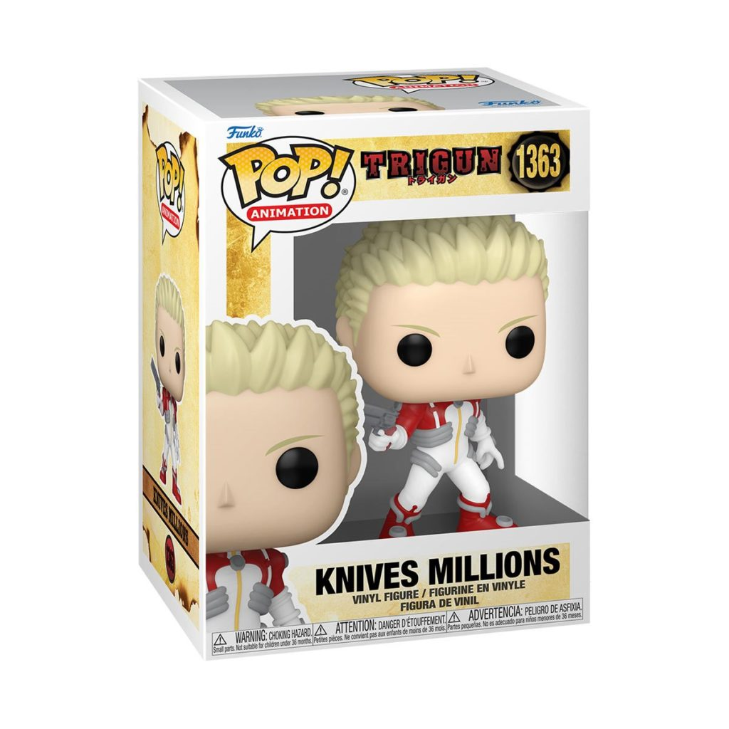 Funko Pop! Figur von Knives Millions aus Trigun mit blonden Haaren und rot-weißer Kleidung in Box.