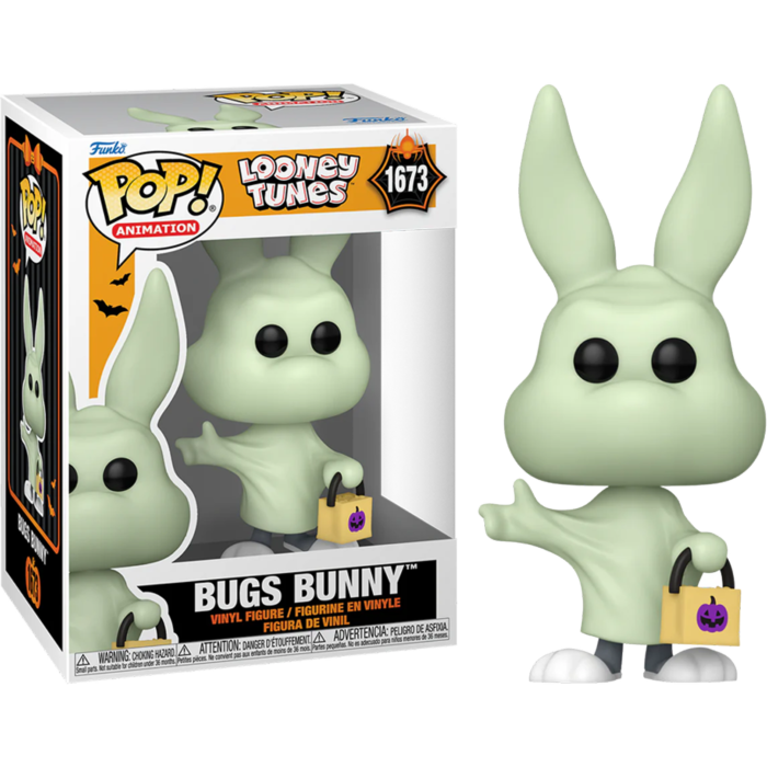 Una figura Funko Pop de Bugs Bunny que brilla en la oscuridad con sábana de fantasma y cubo, junto a su caja.