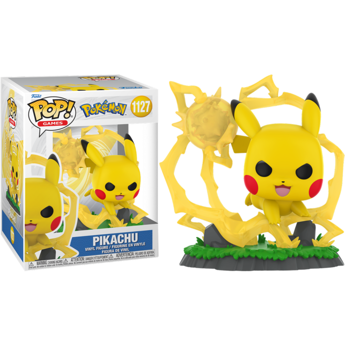 Pikachu Pop! Vinyl-Figur mit elektrischen Blitzen und Box.