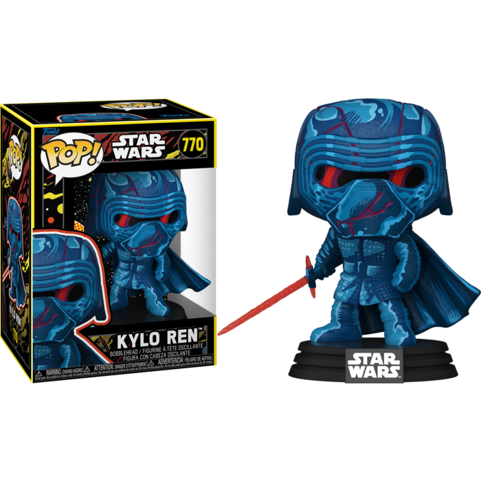 Kylo Ren Funko Pop Figur mit rotem Lichtschwert neben der Verpackung.