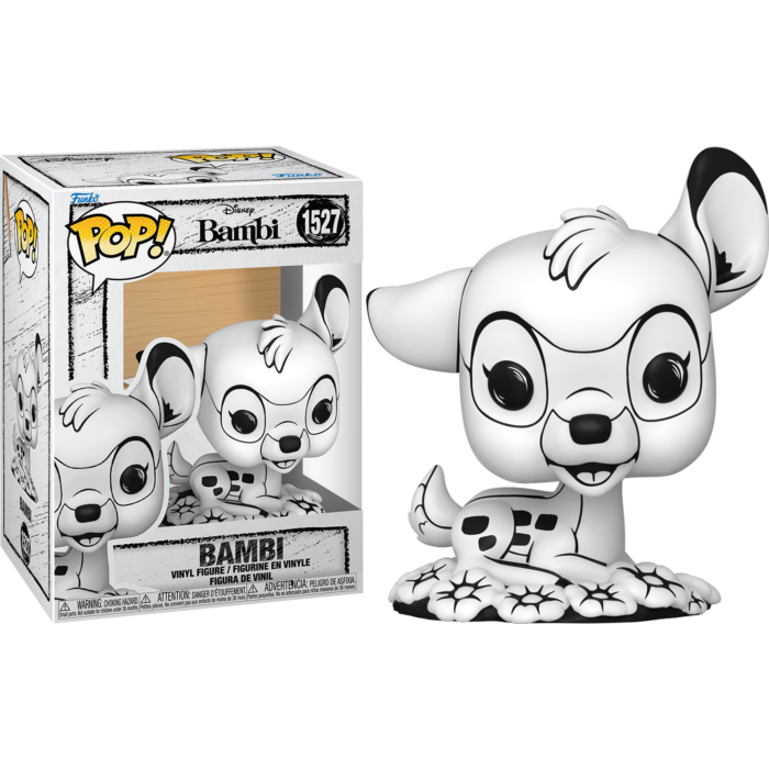 Czarno-biała figurka Bambi Funko Pop z pudełkiem na czarnym tle.