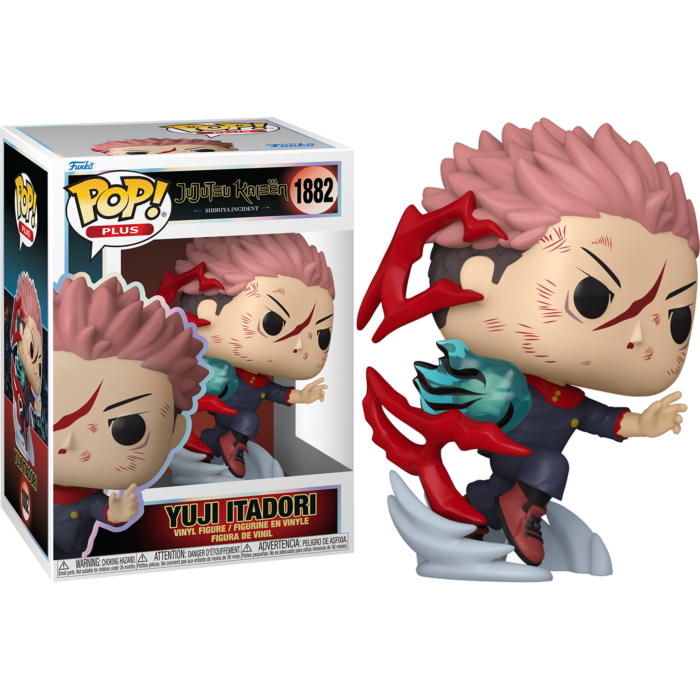 Figura Funko Pop Plus de Yuji Itadori con efectos de energía roja, junto a su caja de embalaje.