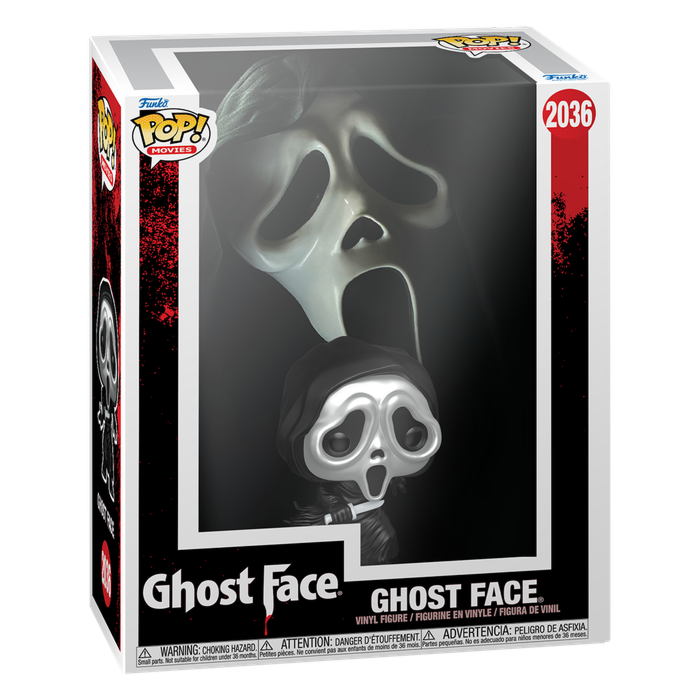 Figura de vinilo Funko Pop de Ghost Face en caja blanca y negra con logo rojo.