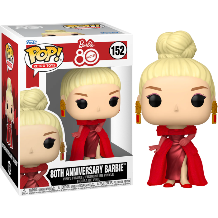Figura de vinilo Funko Pop 80th Anniversary Barbie con vestido rojo y moño rubio, junto a su caja.