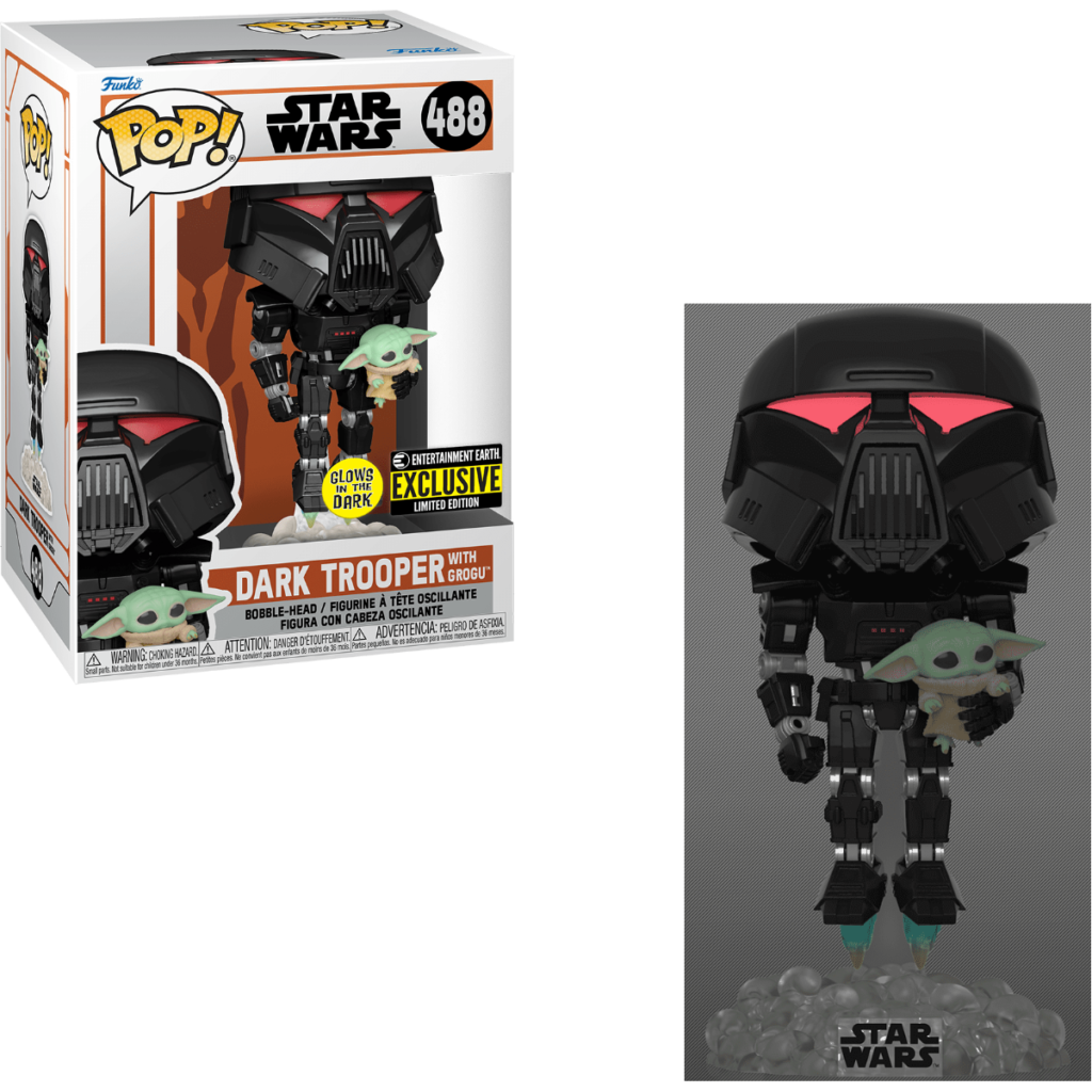 Funko Pop Star Wars Dark Trooper mit Grogu Figur, neben ihrer farbigen Verpackung.