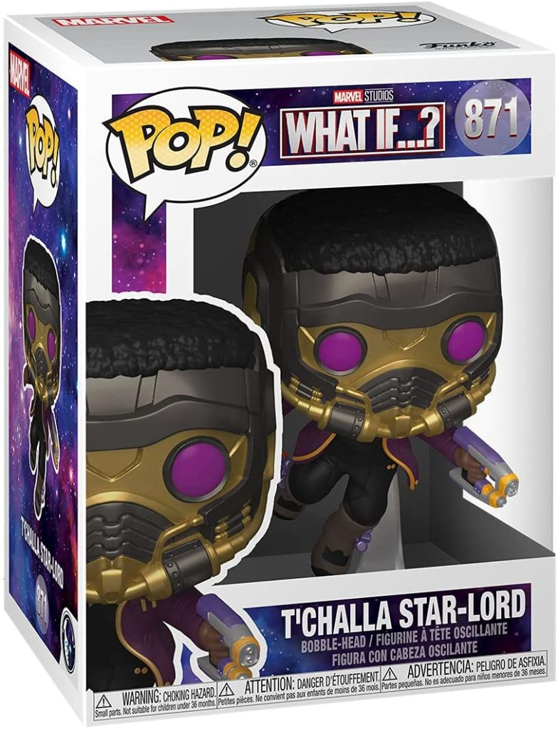 Figura Funko Pop de T'Challa Star-Lord en caja con detalles en morado y dorado.