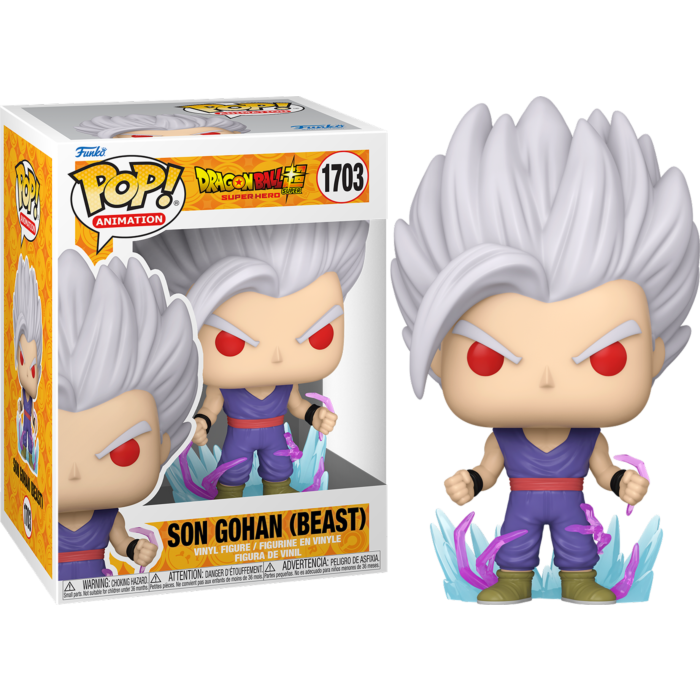 Son Gohan Beast Funko Pop Figur mit weißem Haar, rotem Blick und violettem Outfit neben seiner Verpackung.