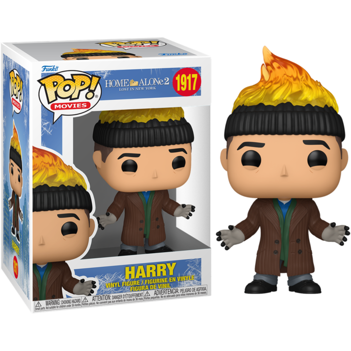 Figura de vinilo Funko Pop de Harry de Solo en casa 2 con la cabeza ardiendo, dentro y fuera de su caja.