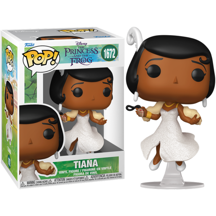 Figura de vinilo Tiana Funko Pop con vestido blanco y pluma en el pelo, junto a su caja de embalaje temática.