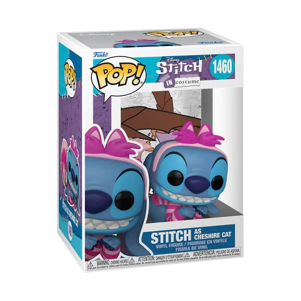 Una figura Funko Pop di Stitch come il Gatto del Cheshire nella sua scatola colorata.