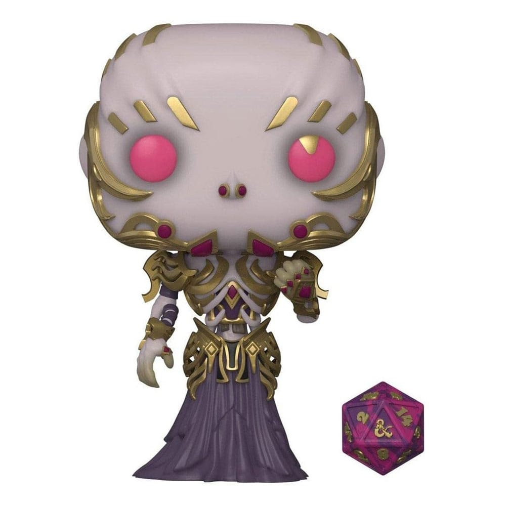Una figura Funko Pop de piel blanca con armadura dorada y ojos rosados junto a un dado de veinte caras.