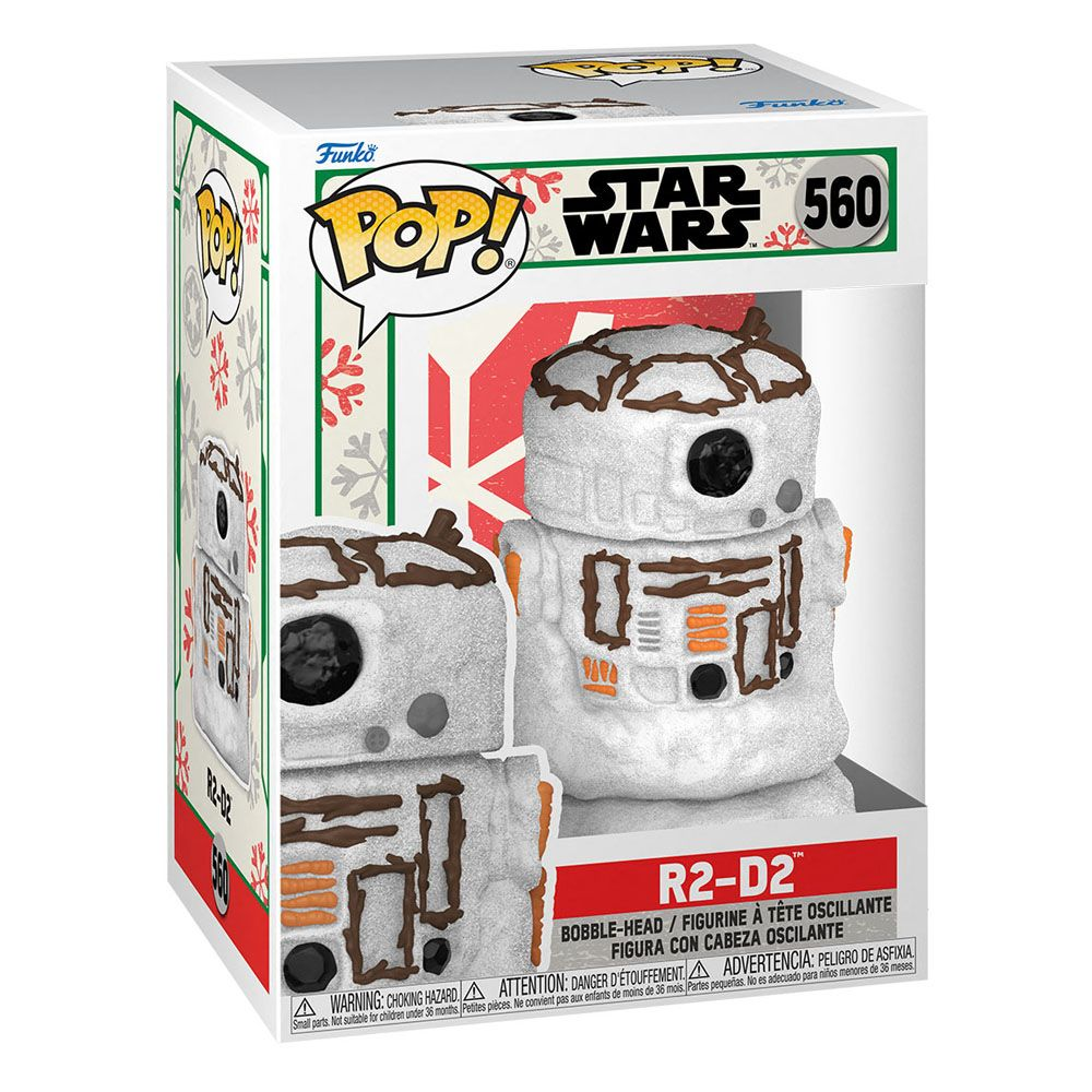 Funko Pop Star Wars R2-D2 Weihnachtsfigur in Box mit Schnee- und Lebkuchen-Details.
