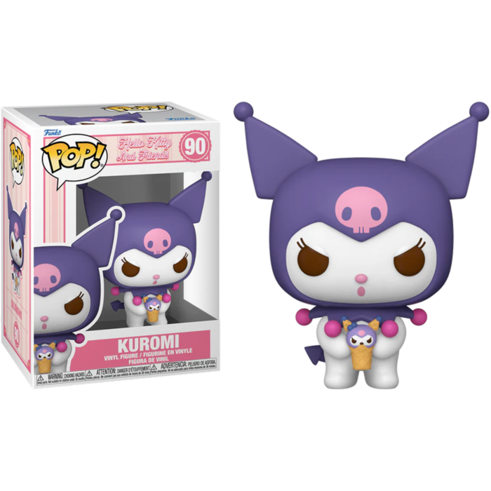 Figura Funko Pop de Kuromi con capucha morada de diablo sosteniendo un helado, junto a su caja original.