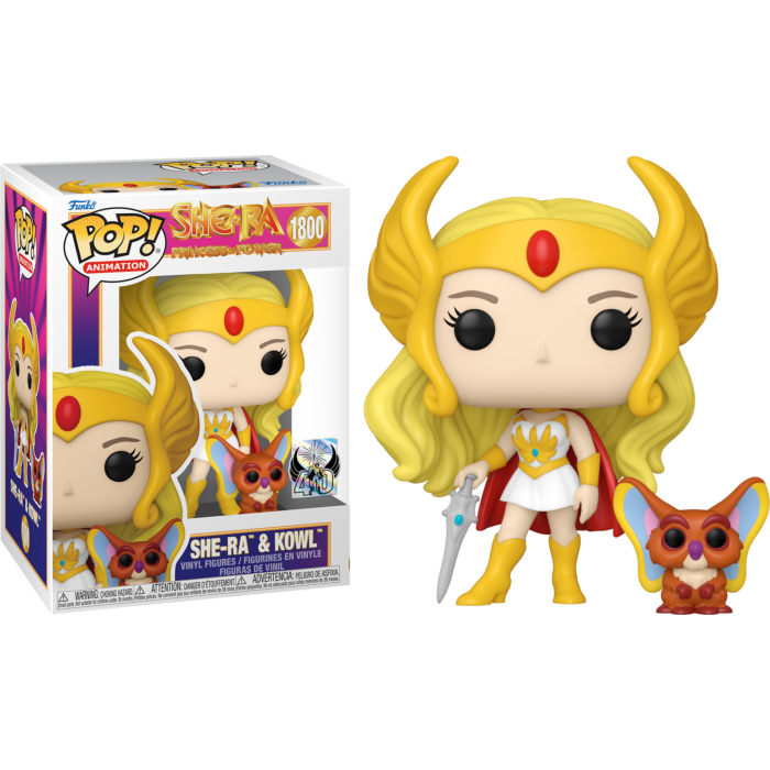 Figuras de vinilo Funko Pop de She-Ra y Kowl junto a su caja de producto.