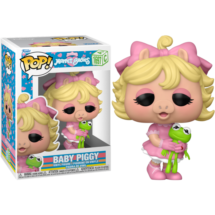 Figura de vinilo Funko Pop Baby Piggy en rosa sosteniendo una rana verde, con su caja.