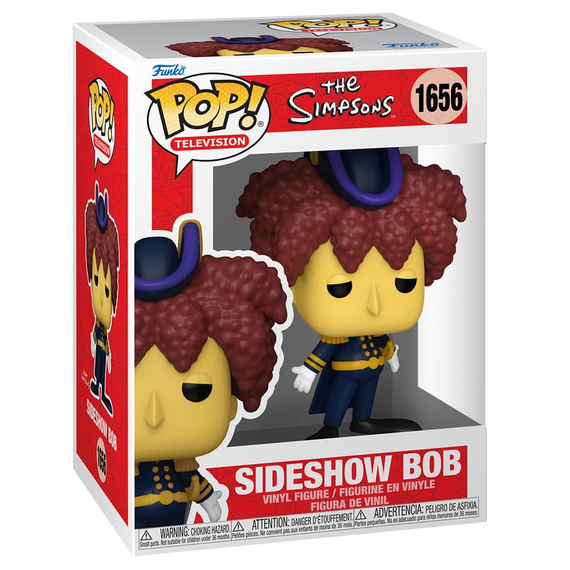 Figurka winylowa Funko Pop Sideshow Bob z Simpsonów w czerwono-białym pudełku.