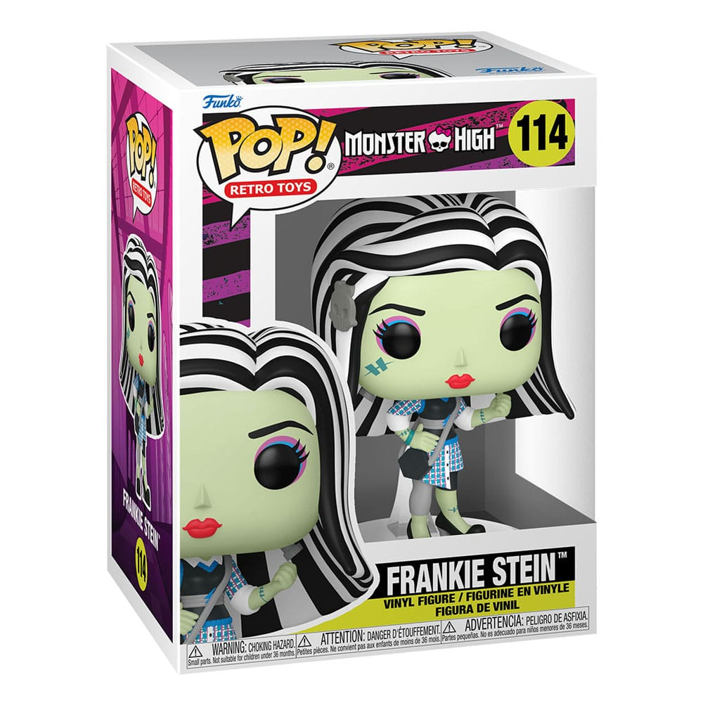 Funko Pop Monster High Frankie Stein Vinyl-Figur in ihrer Verpackung mit lila-schwarzer Grafik.