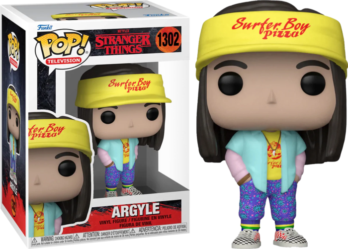Funko-Pop-Figur von Argyle aus Stranger Things mit gelbem Visier, hellblauem Hemd und gemusterten Hosen in seiner Box.