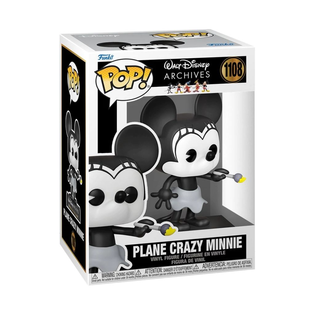 Czarno-biała figurka Funko Pop przedstawiająca Plane Crazy Minnie trzymającą mały pędzel w pudełku.