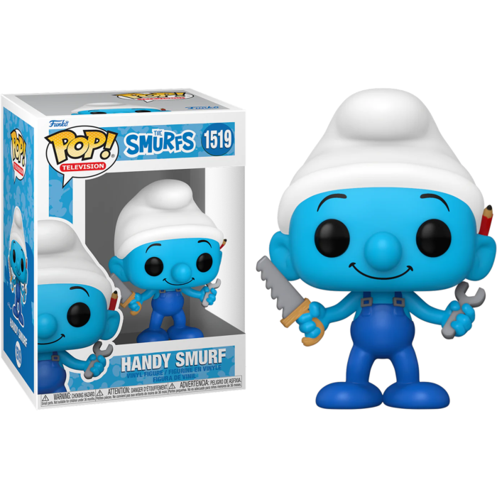 Handy Schlumpf Funko Pop Figur mit Werkzeug, neben seiner Box.