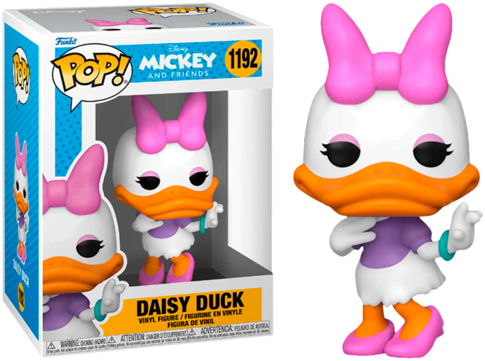 Figura de vinilo Funko POP! de Daisy Duck con lazo rosa, camisa morada y pico naranja, junto a su caja.