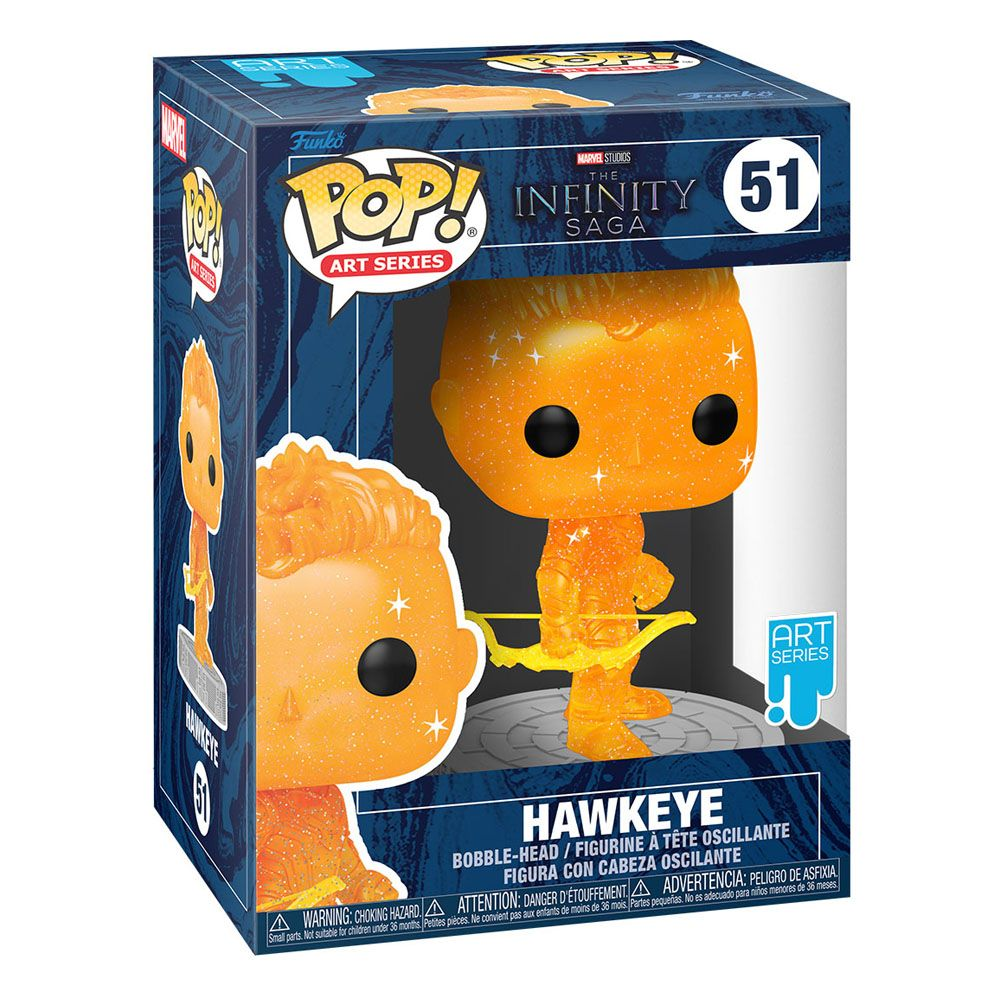 Figura de vinilo Pop! Art Series Hawkeye en caja azul, con diseño brillante naranja y un arco amarillo.