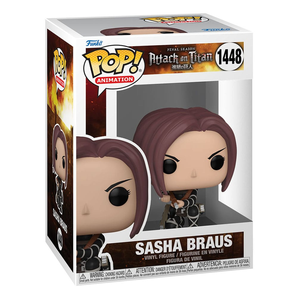 Funko Pop Figur von Sasha Braus aus Attack on Titan in ihrer Produktverpackung.