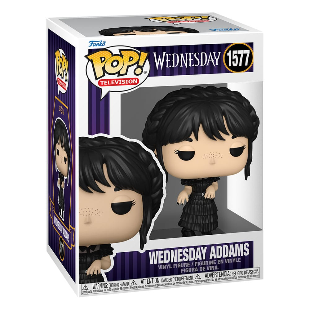 Figura de vinilo Funko Pop Wednesday Addams en su caja con gráficos morados y blancos.