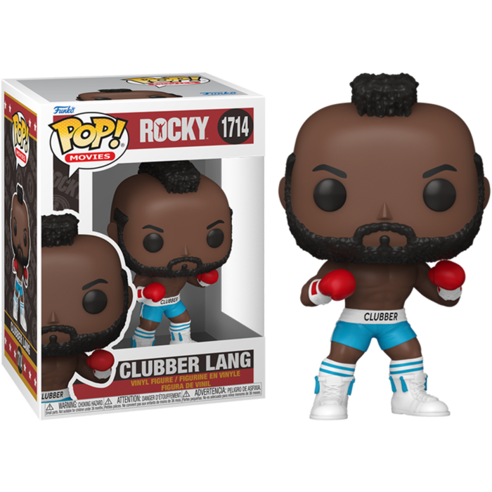 Figura Funko Pop de Clubber Lang de Rocky con guantes de boxeo, pantalones cortos azules y caja.