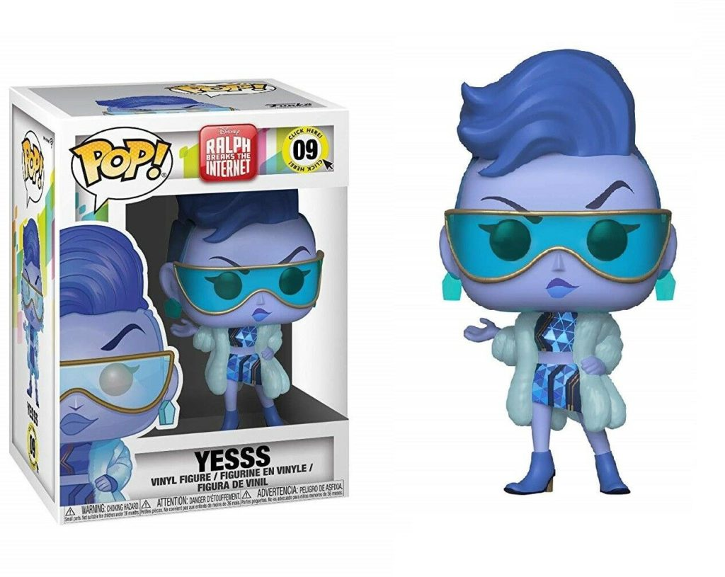 Funko Pop Figur Yesss in blauer Kleidung mit Sonnenbrille, stehend neben ihrer Verpackung.